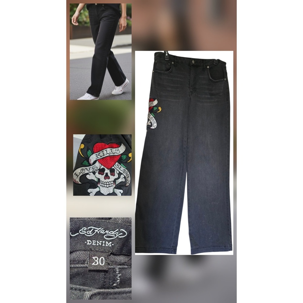 ED HARDY Embroidered Skull WIDE Baggy Skater Y2k Art Retro JEANS SIZE 30 30x31